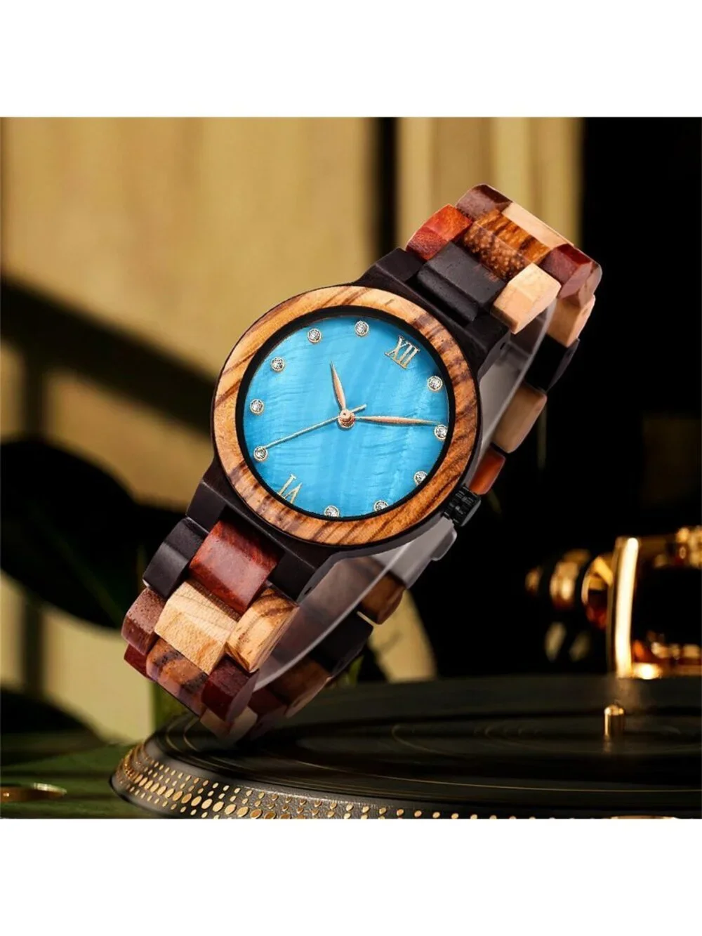 Women's Blue Analog Quartz Couples Colorful Bamboo Classic Design Wooden Watch